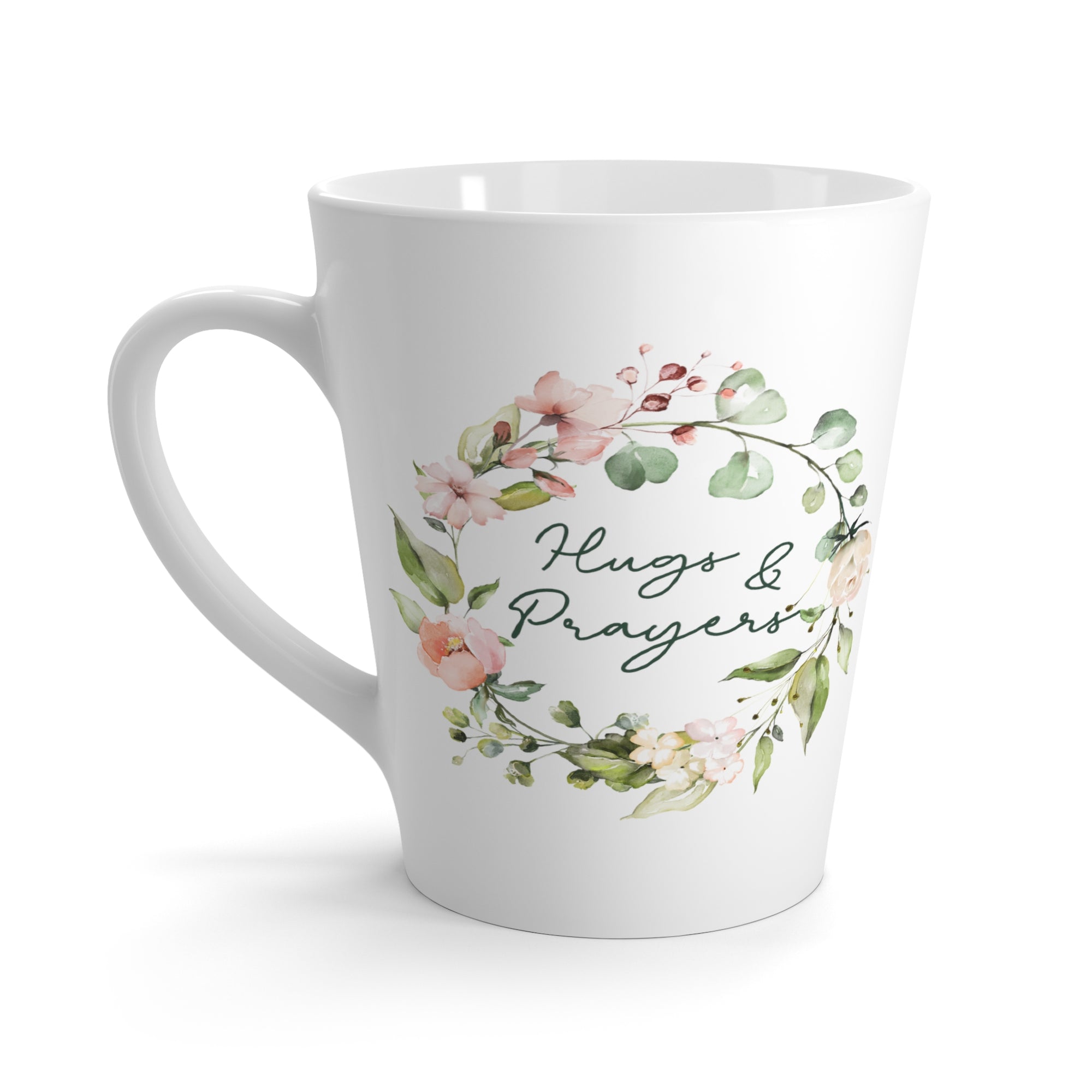 Latte Mug with a beautiful watercolor wreath and Hugs and Prayers in the center.