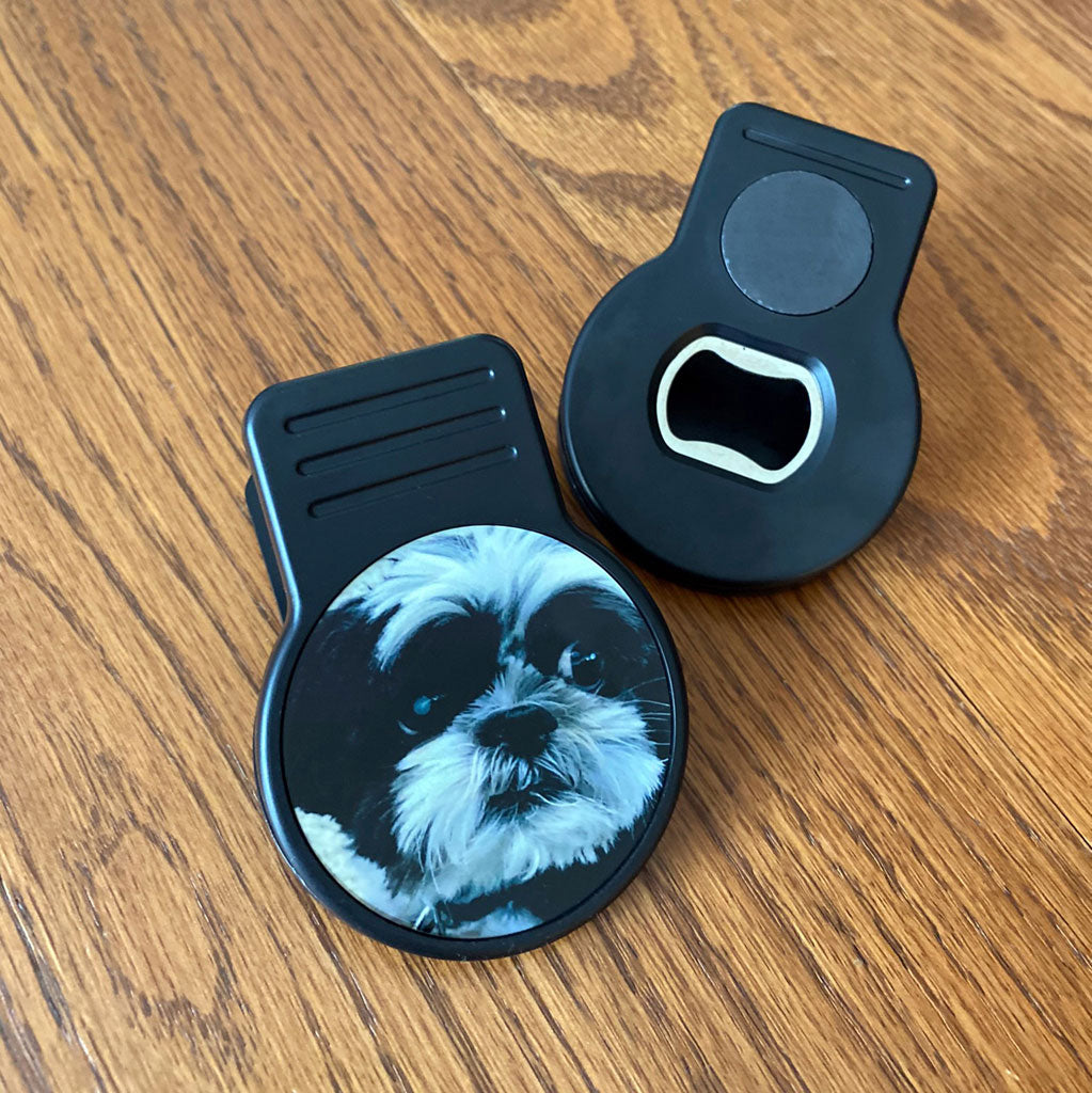 2 Chip Clip Bottle Openers with a personalized round photo on the front and a magnet on the back.