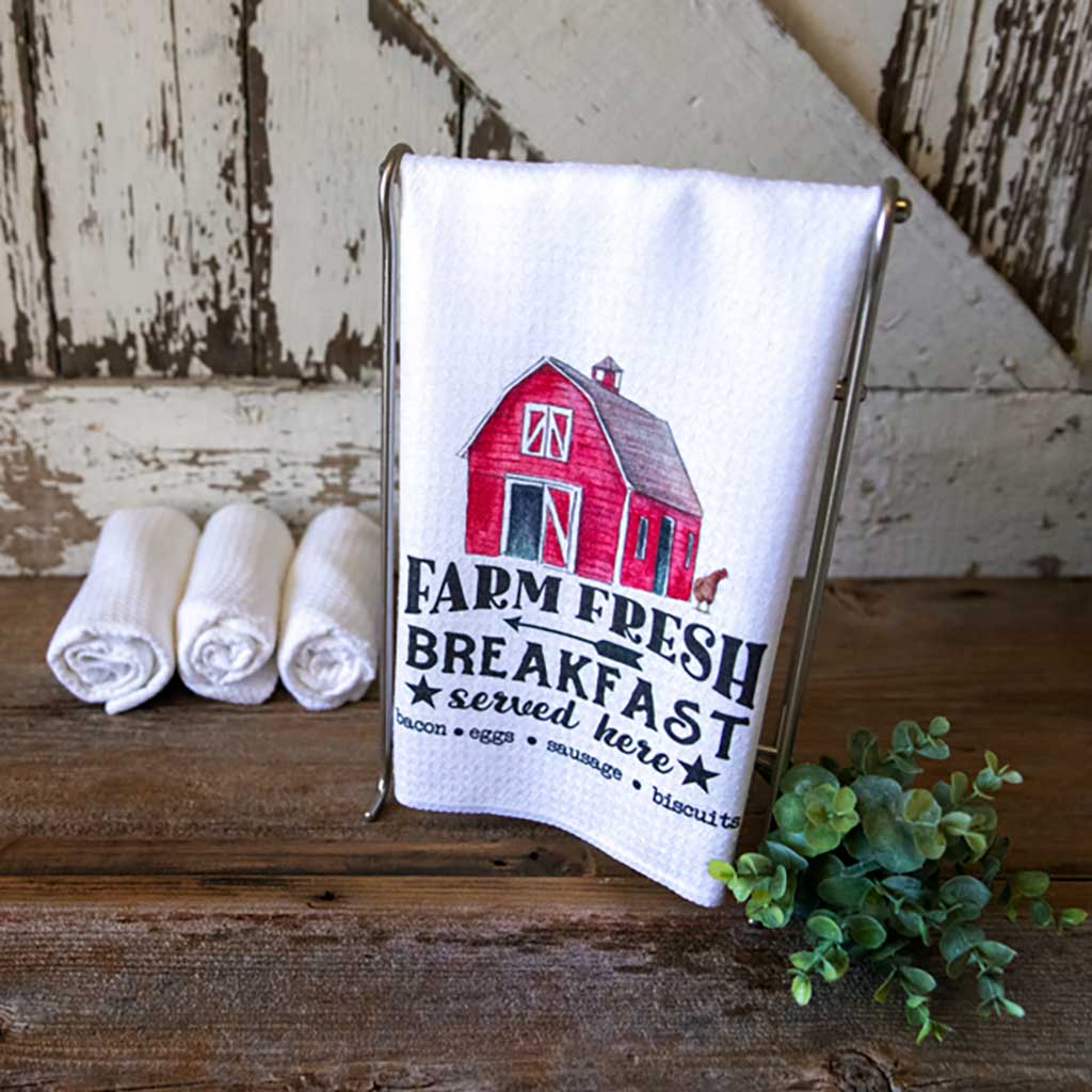 Farm Fresh Breakfast served here dish towel with a red watercolor barn.