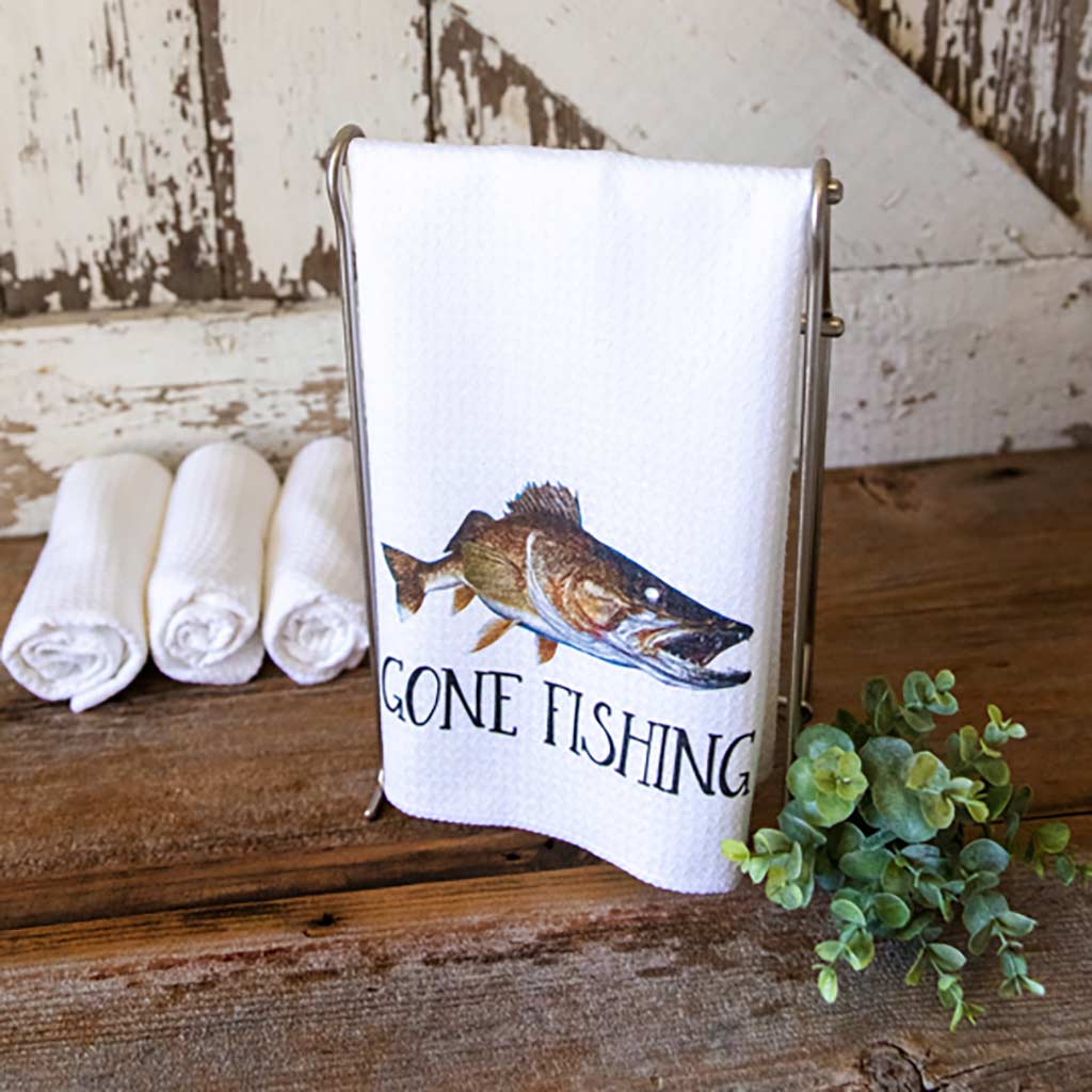 Gone Fishing Kitchen Towel with a walleye