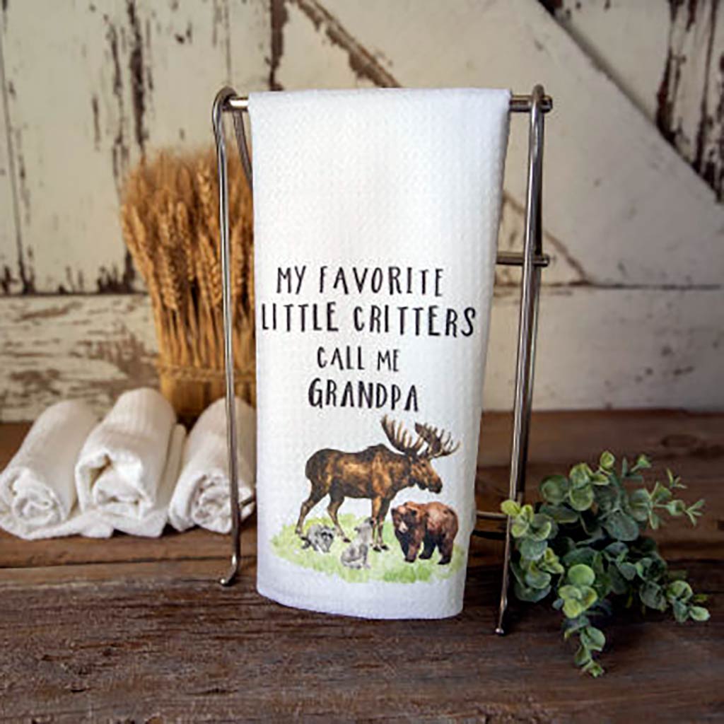 My Favorite Critters Call Me Grandpa dishtowel with a moose, a bear, raccoon and baby wolf on it.