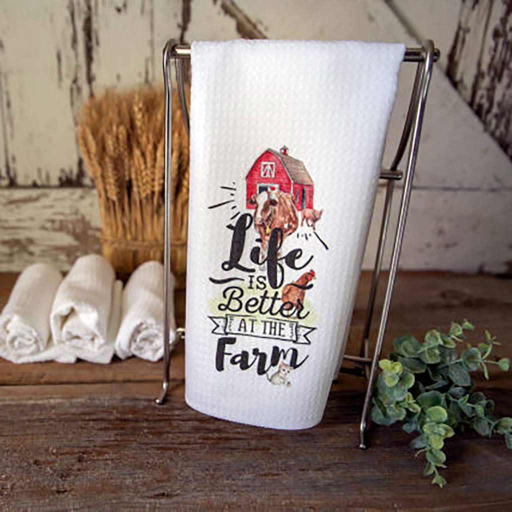 Life is Better at the Farm Dishtowel with watercolor painting of Barnyard