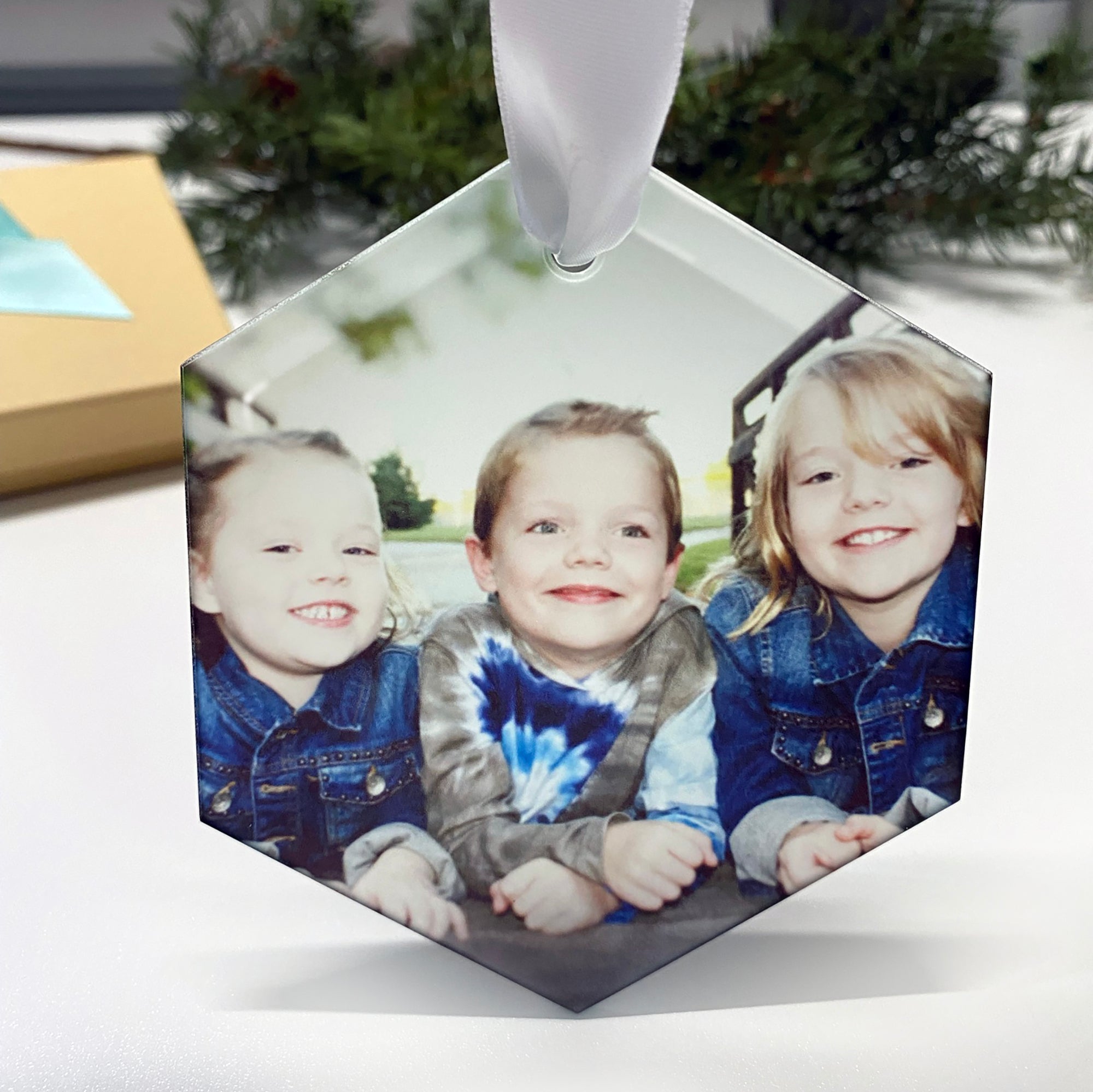 Customized Photo Hexagon Beveled 3.5 Inch Glass Keepsake Ornament