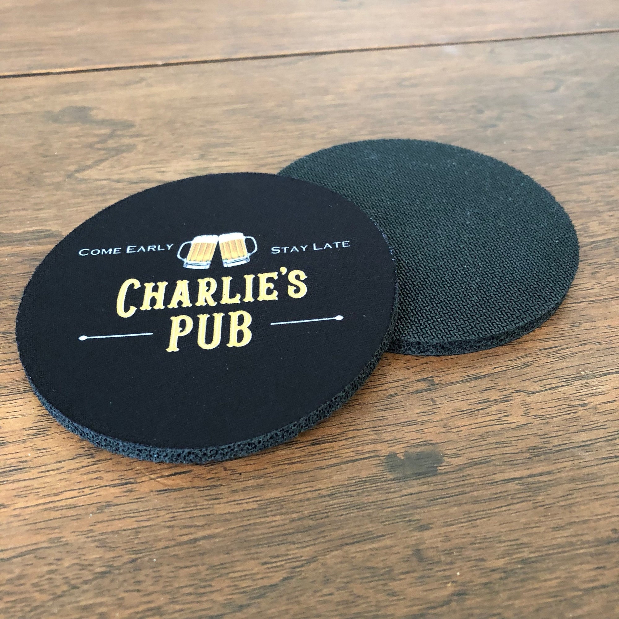 Personalized Pub Coasters- Set of 2- 3.5 Inch Round Rubber Backed Drink Coaster- Personalized with Your Name- Beer Lover- ManCave Decor
