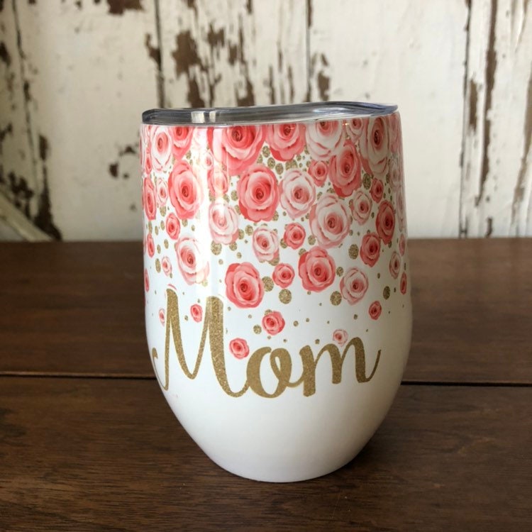 Mom Wine Tumbler with Floral Detail- Customized Stemless Stainless