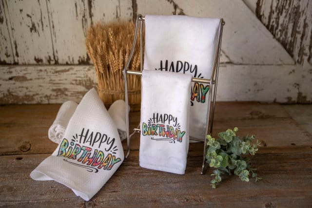 Happy Birthday Dishtowel, Hand Towel and Guest Towel Set- Mix and Match- You Choose
