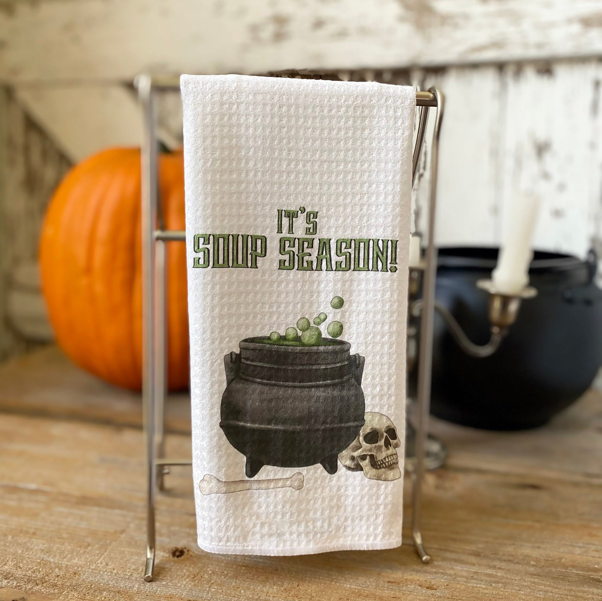 It's Soup Season- Halloween Decor- Spooky Kitchen Towel- Dishtowel with a Cauldron